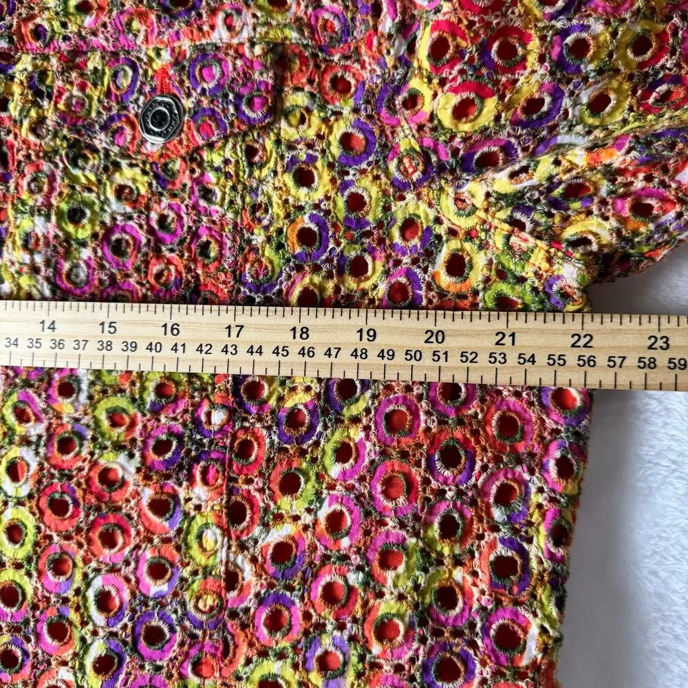 Chico’s Embroidered Jacket Size 3 Colorful Floral Textured Button Front Boho - Picture 7 of 11